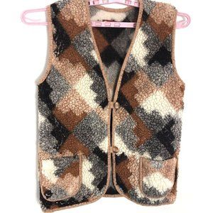 Very Wool Womens Vest Brown Beige Geometric Sherpa Pockets Buttons V Neck M